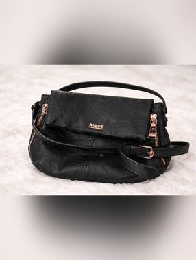 Aimee Kestenberg Black Leather Shoulder Bag with Gold Logo